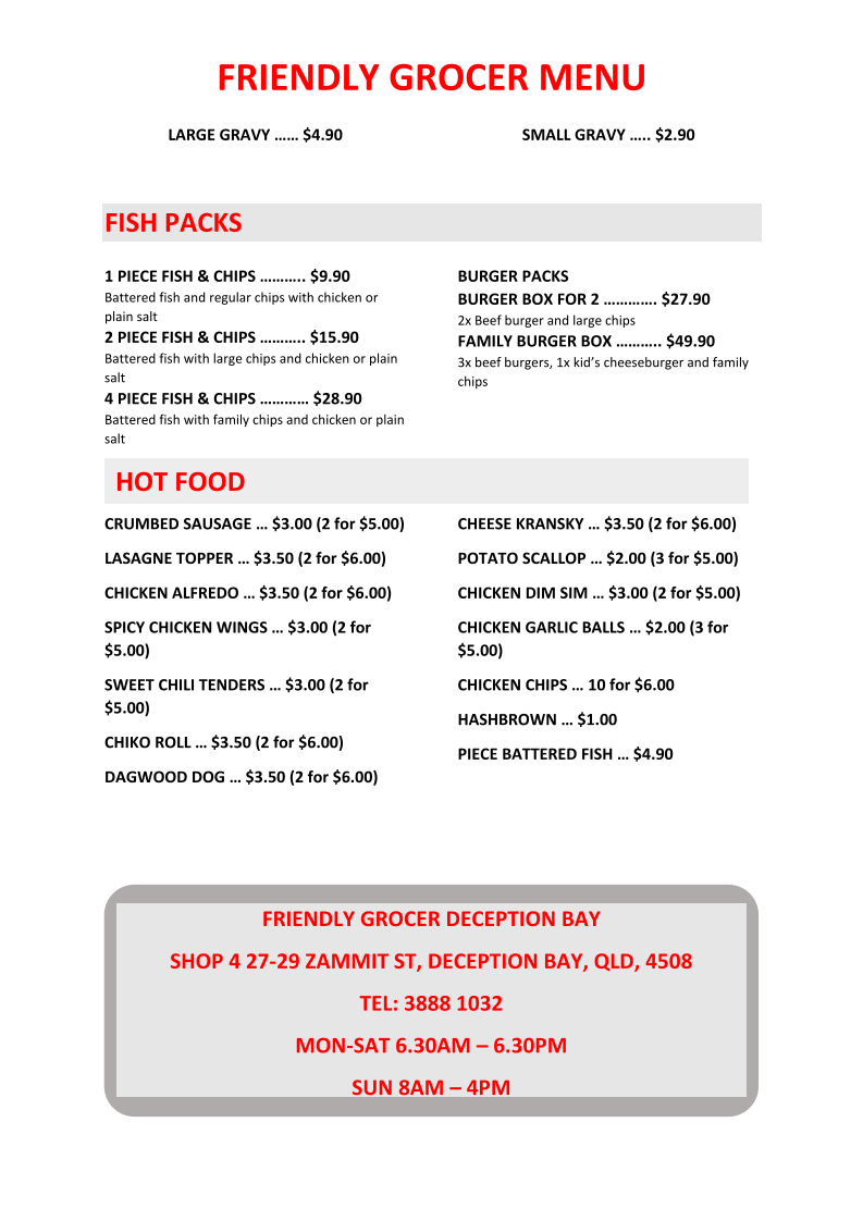 Menu, Friendly Grocer Deception Bay