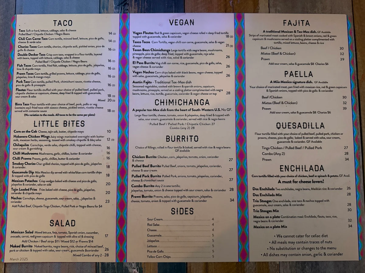 Menu, Miia Mexiico Dubbo