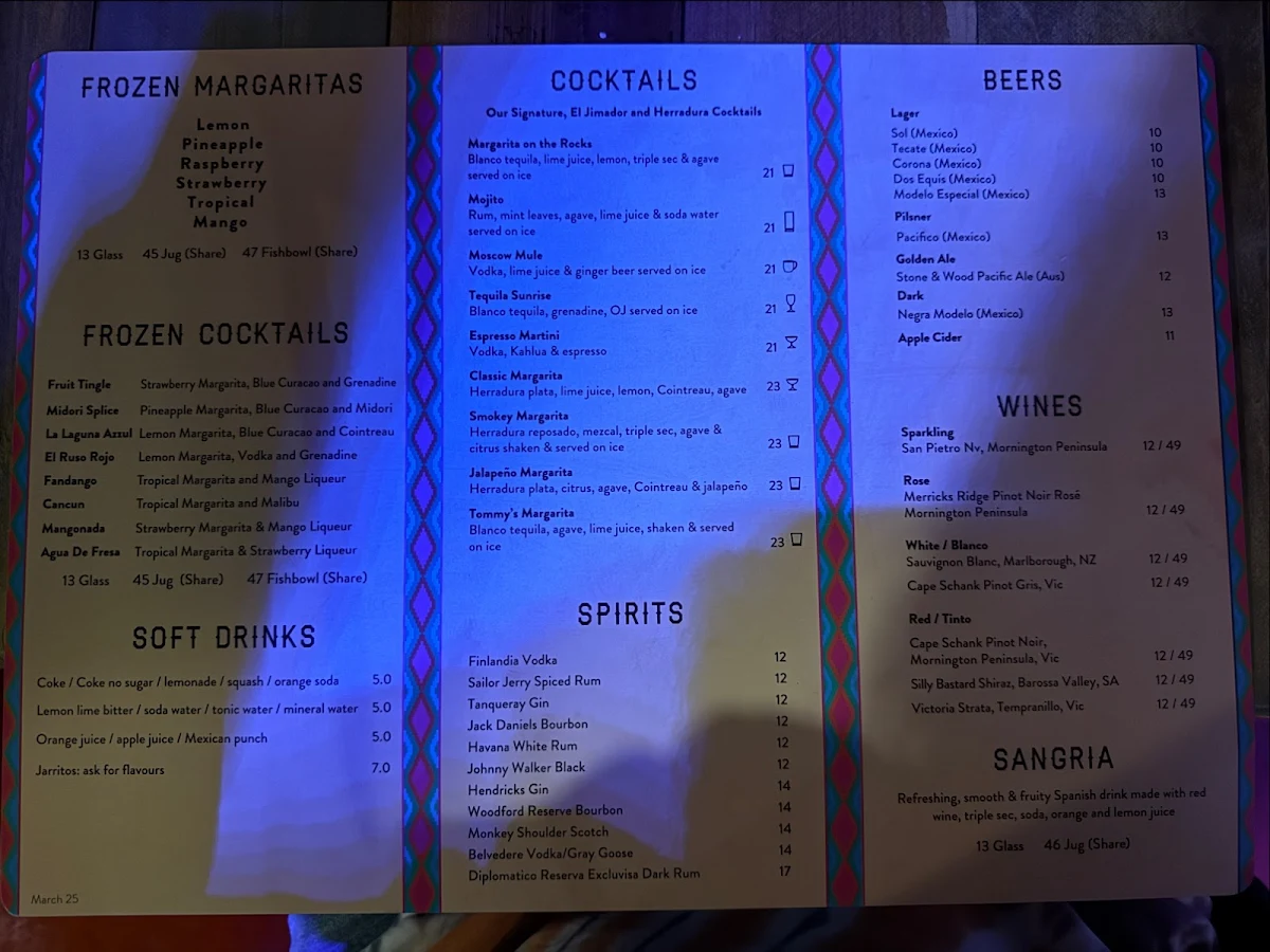 Menu, Miia Mexiico Dubbo