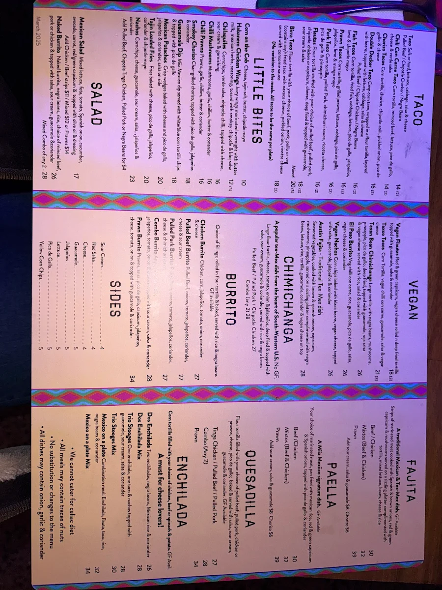 Menu, Miia Mexiico Dubbo