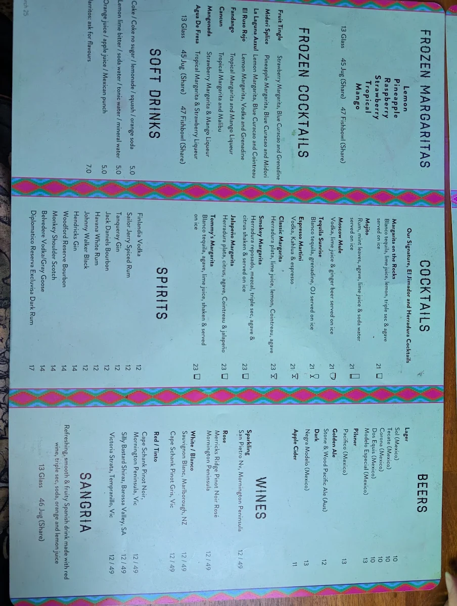 Menu, Miia Mexiico Dubbo