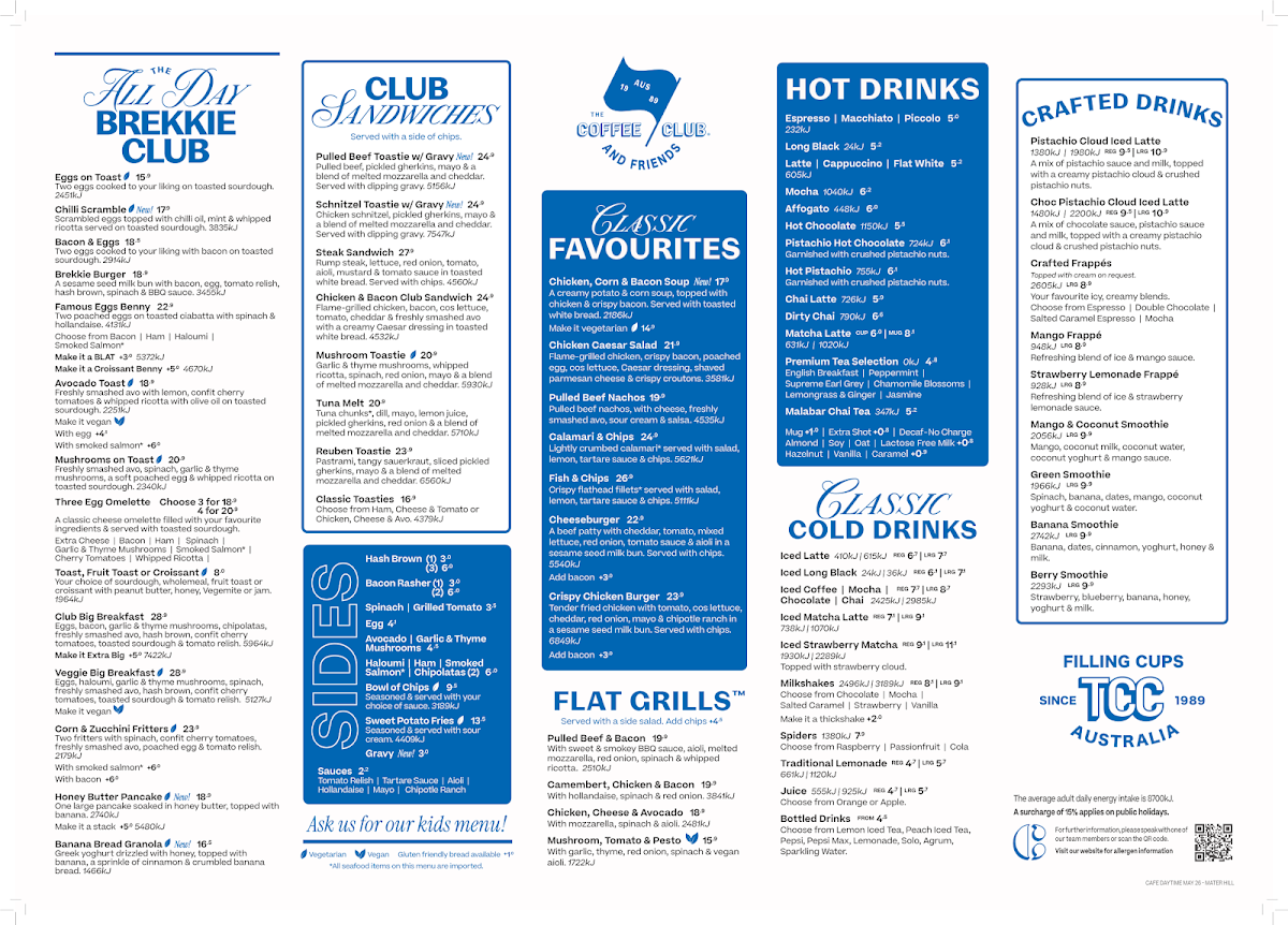 Menu, The Coffee Club Café - Mater Hill