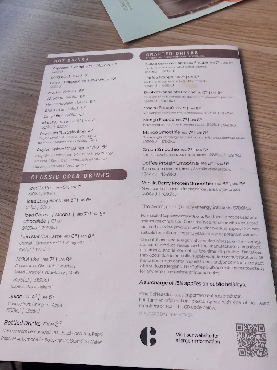 Menu, The Coffee Club Café - Mater Hill