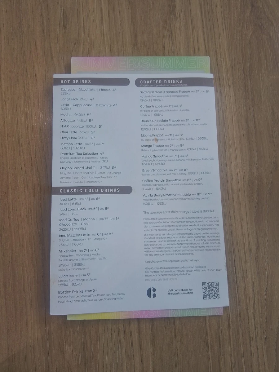 Menu, The Coffee Club Café - Mater Hill