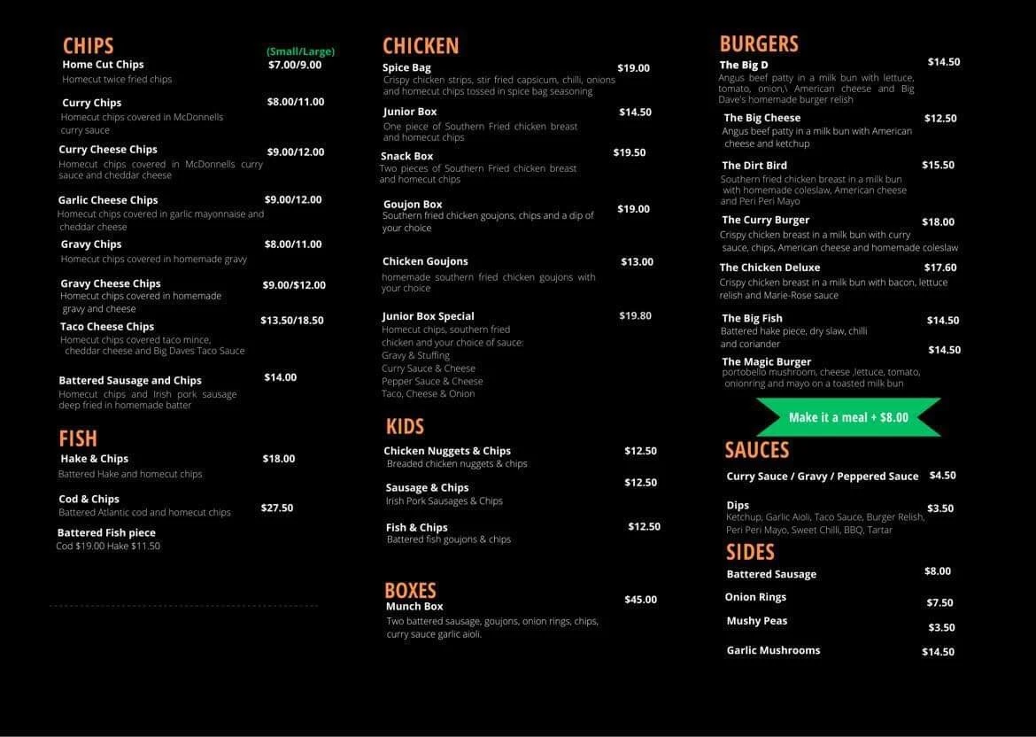 Menu, Big Dave’s Chipper - Restaurant