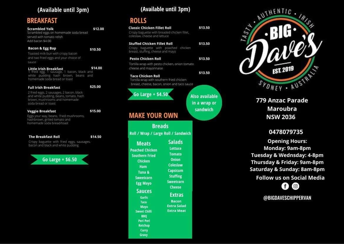 Menu, Big Dave’s Chipper - Restaurant