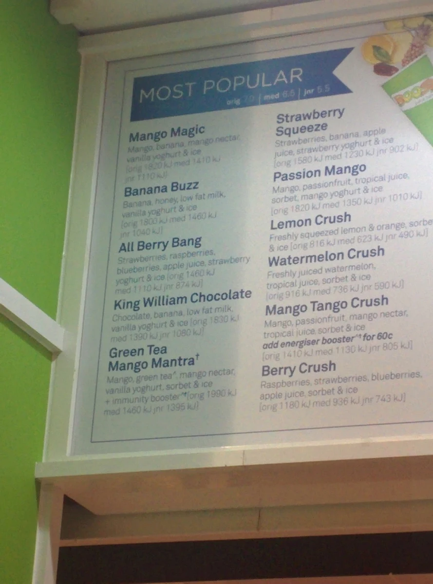 Menu, Boost Juice