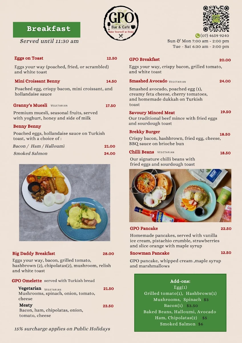 Menu, GPO Bar & Cafe