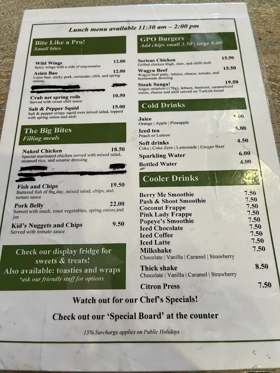 Menu, GPO Bar & Cafe