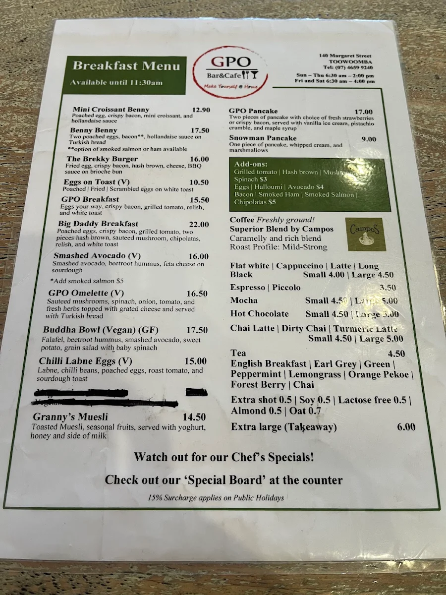 Menu, GPO Bar & Cafe