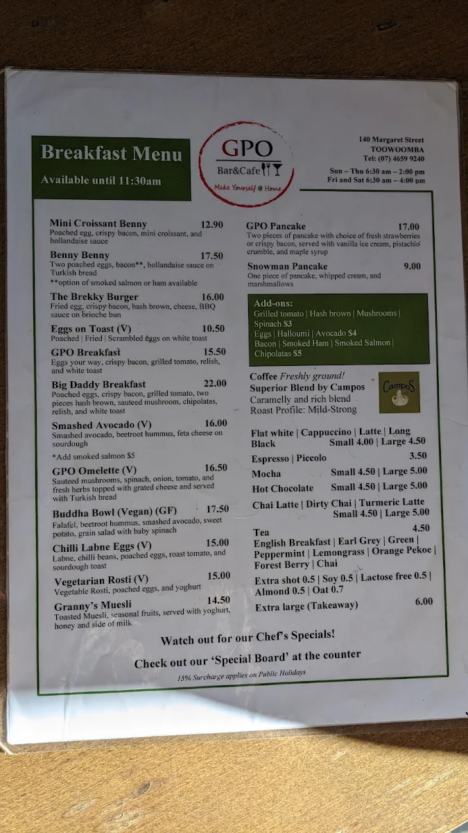 Menu, GPO Bar & Cafe