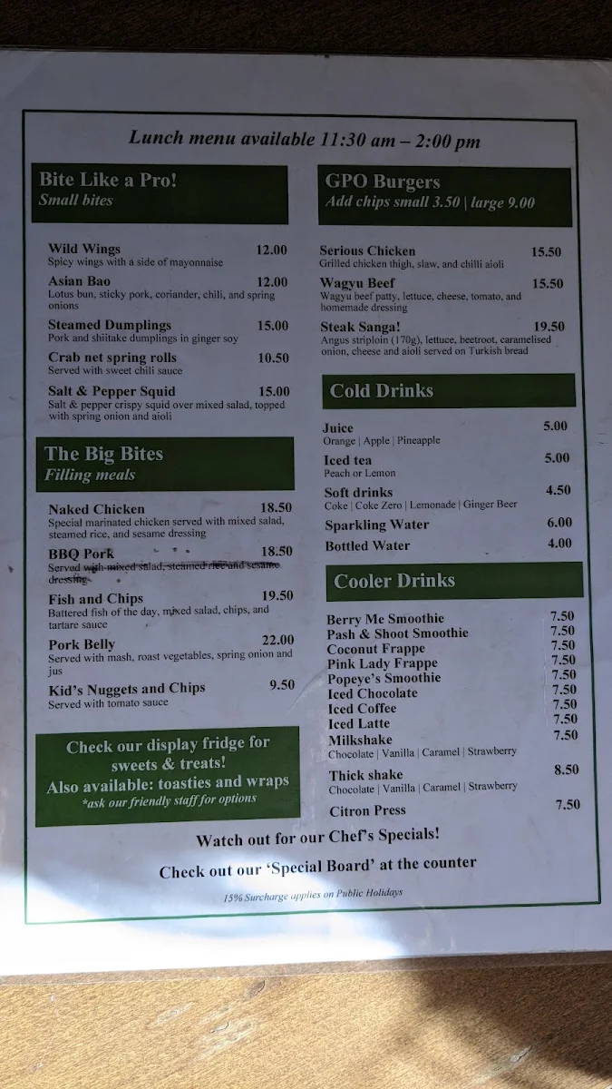 Menu, GPO Bar & Cafe