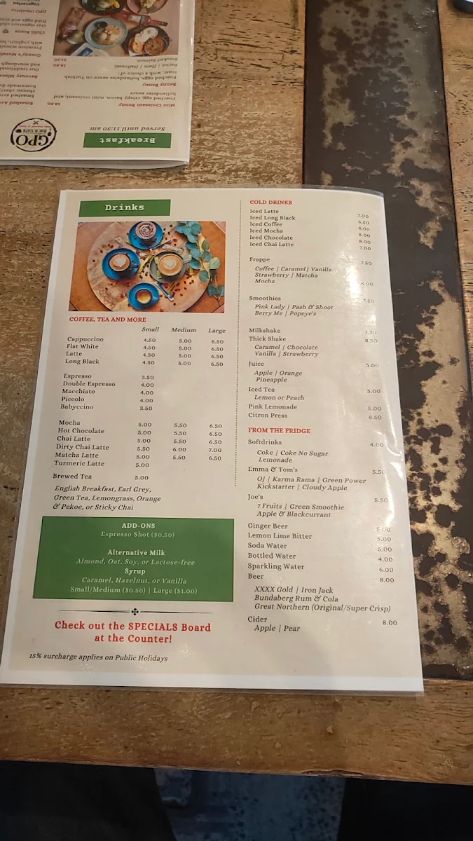 Menu, GPO Bar & Cafe