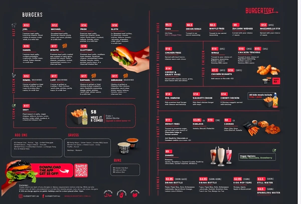 Menu, Burgertory (Yagoona)
