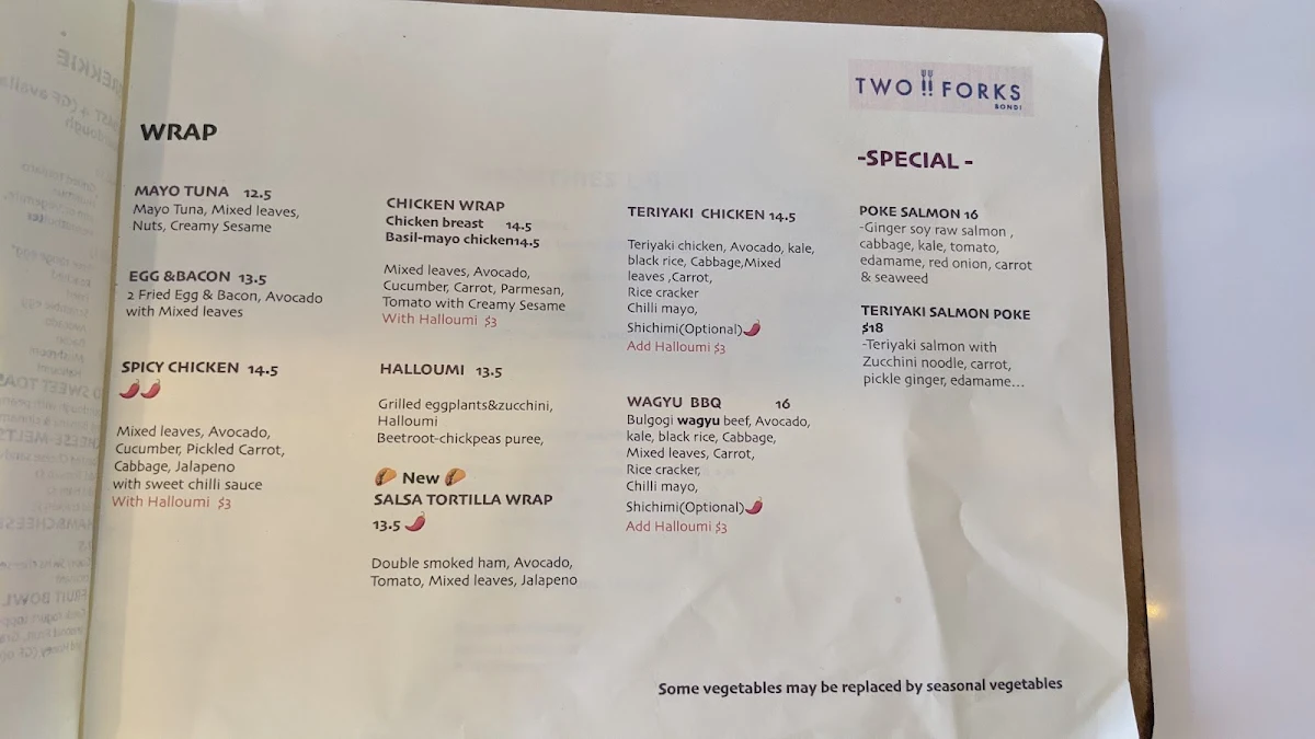 Menu, Two Forks Bondi