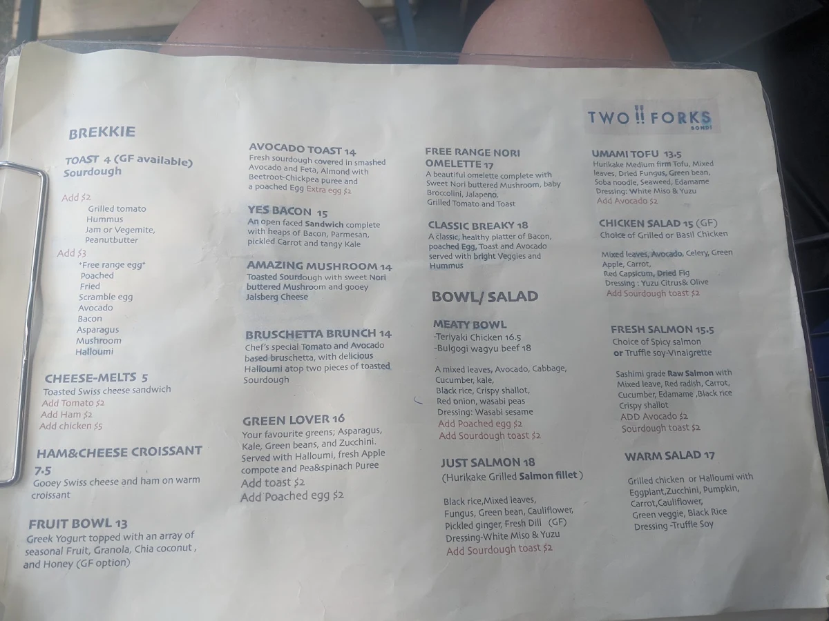 Menu, Two Forks Bondi