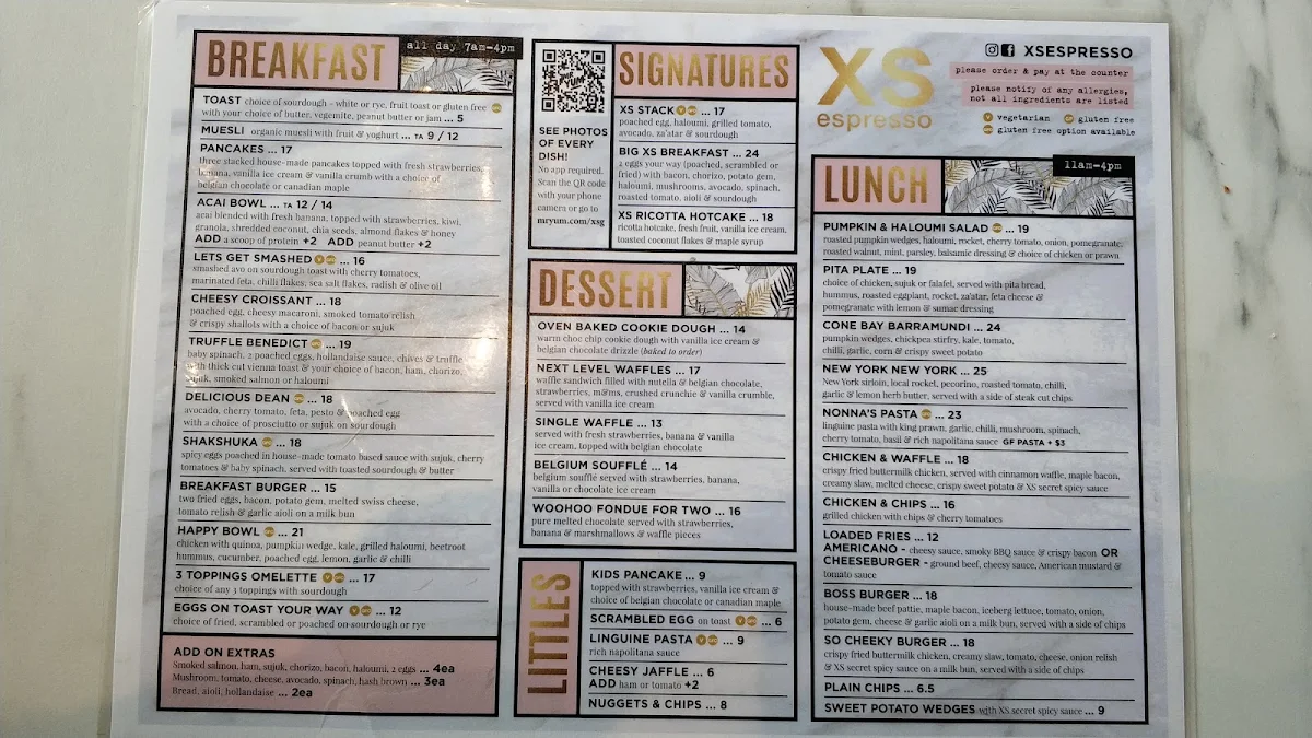 Menu, XS Espresso Gregory Hills