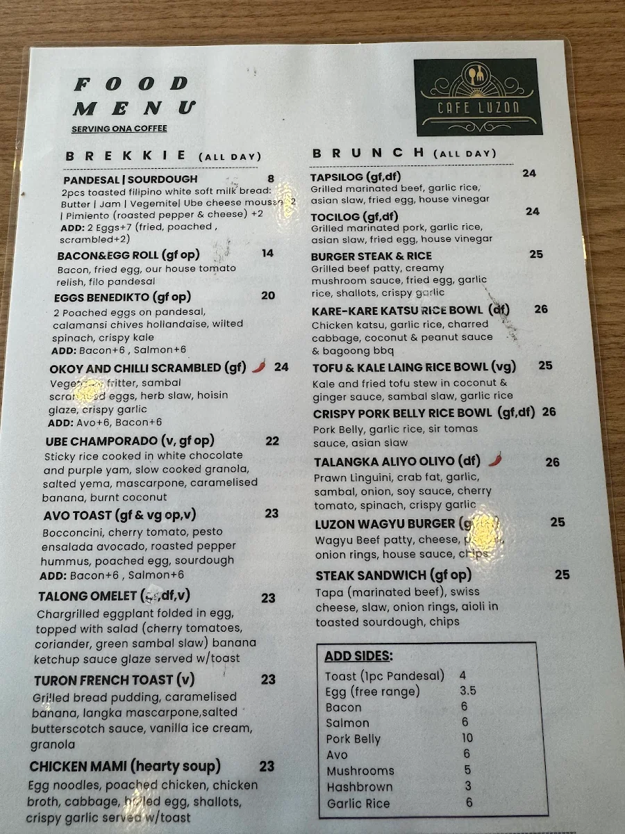 Menu, CAFÉ LUZON