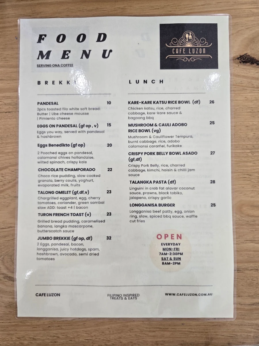 Menu, CAFÉ LUZON