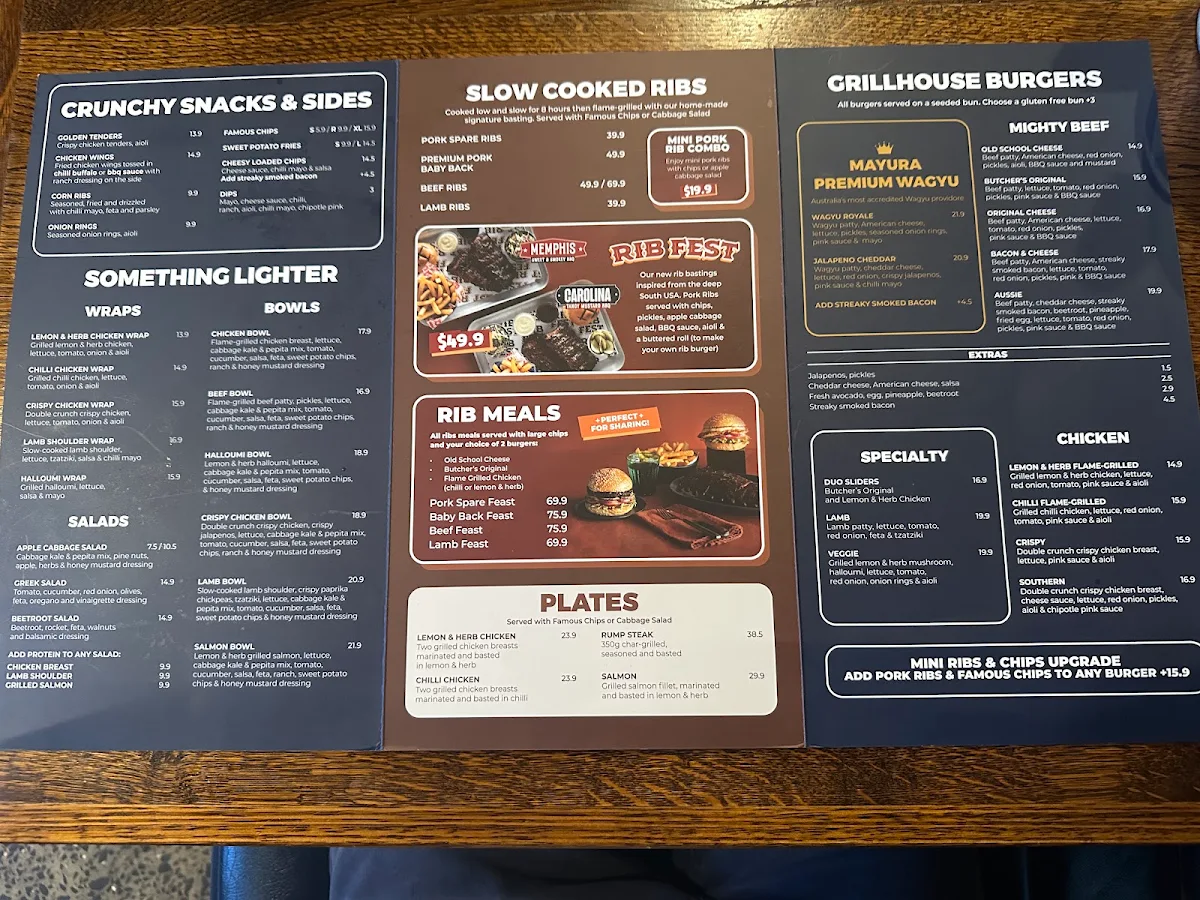 Menu, Ribs & Burgers The Rocks