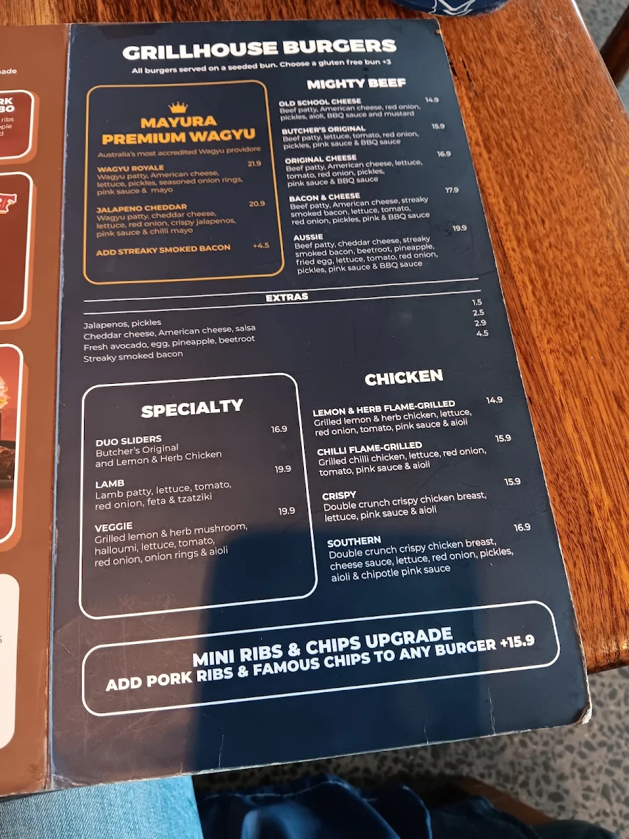 Menu, Ribs & Burgers The Rocks