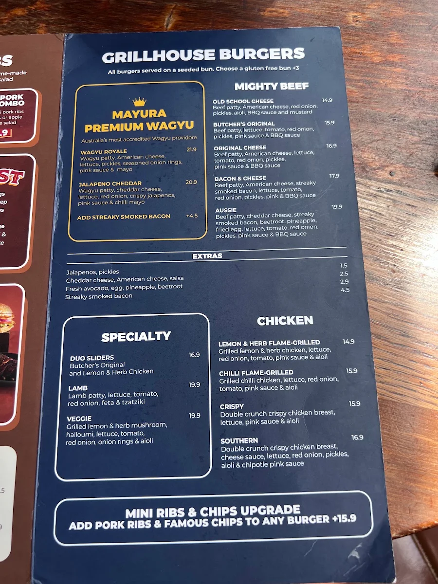 Menu, Ribs & Burgers The Rocks
