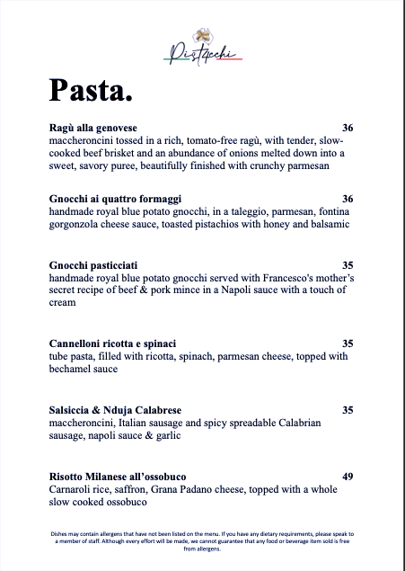 Menu, Pistacchi
