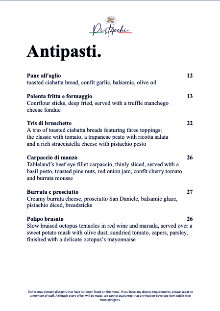 Menu, Pistacchi