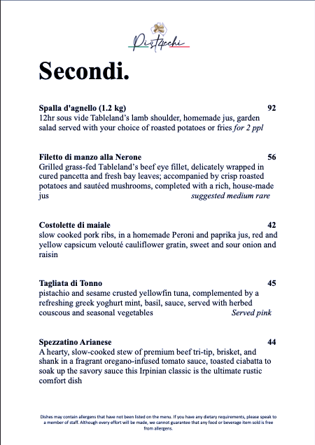 Menu, Pistacchi