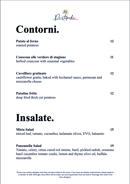 Menu, Pistacchi