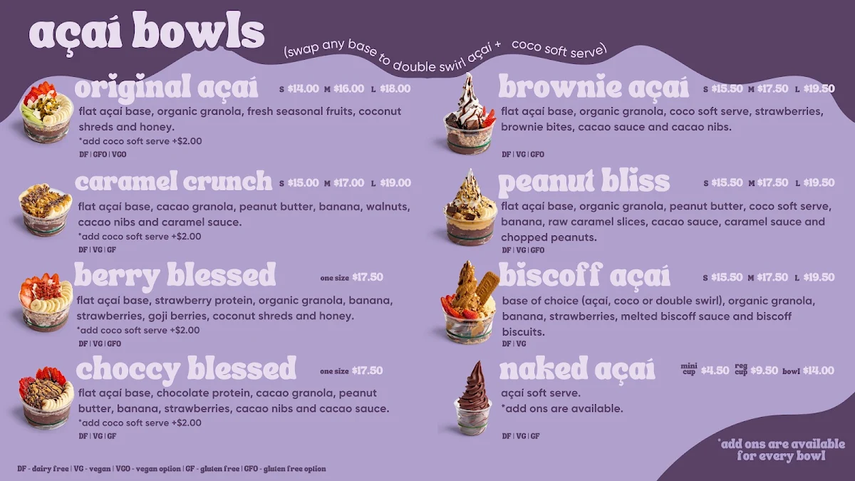 Menu, Blessed Bowls Pacific Fair