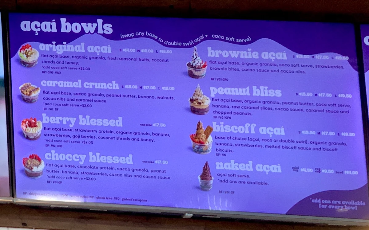 Menu, Blessed Bowls Pacific Fair