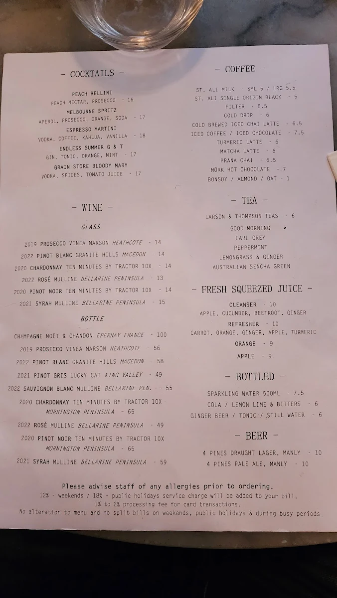 Menu, Grain Store