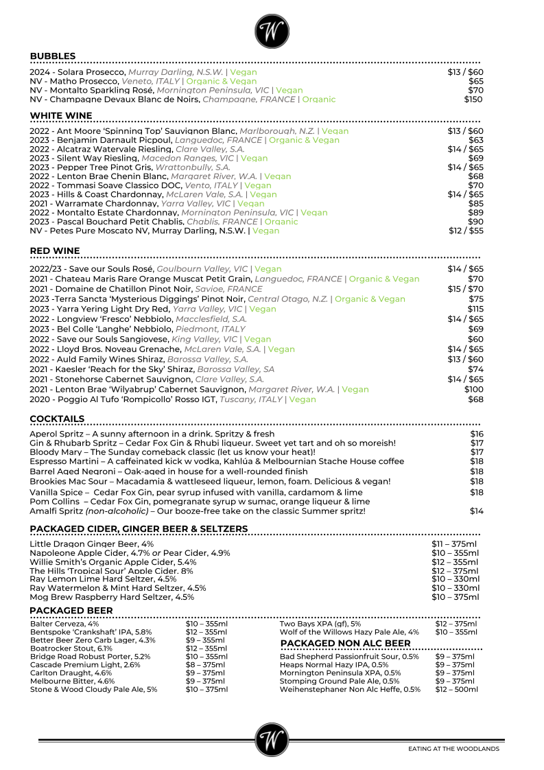 Menu, The Woodlands Hotel