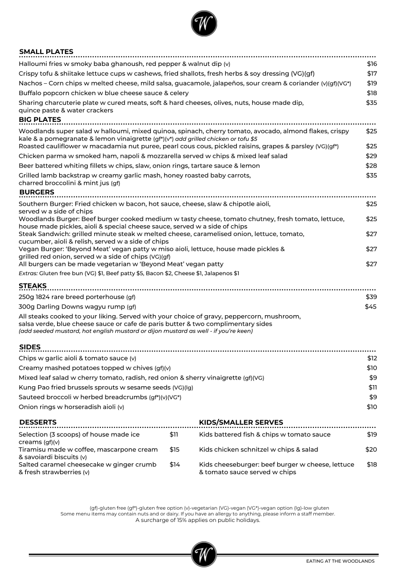 Menu, The Woodlands Hotel
