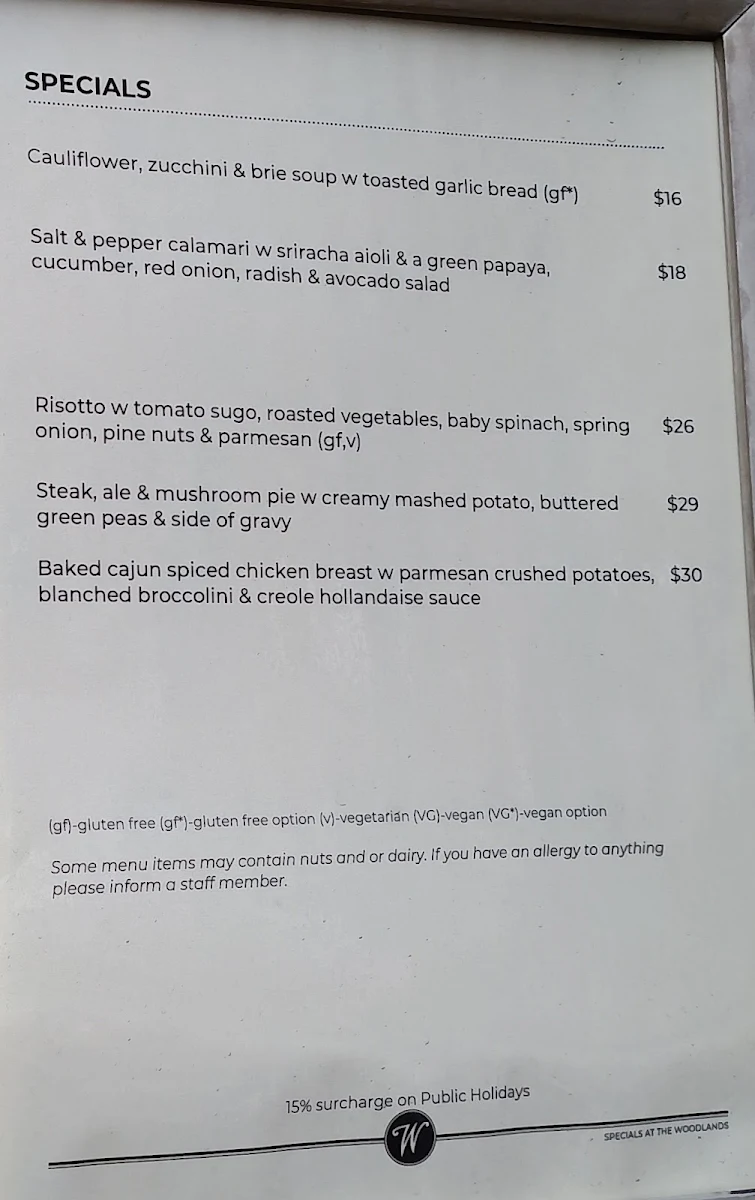 Menu, The Woodlands Hotel