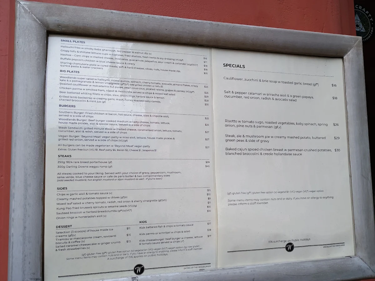 Menu, The Woodlands Hotel