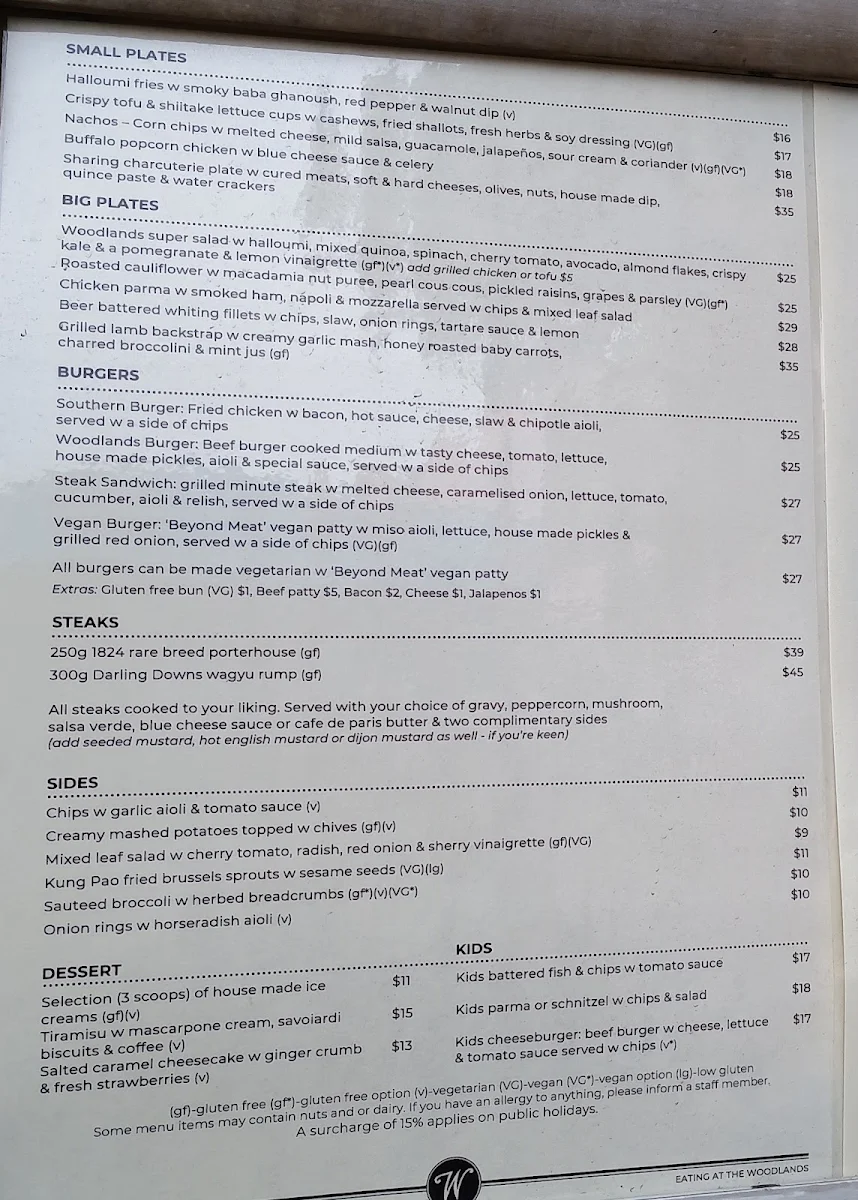 Menu, The Woodlands Hotel