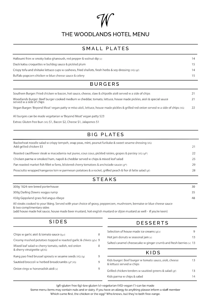 Menu, The Woodlands Hotel