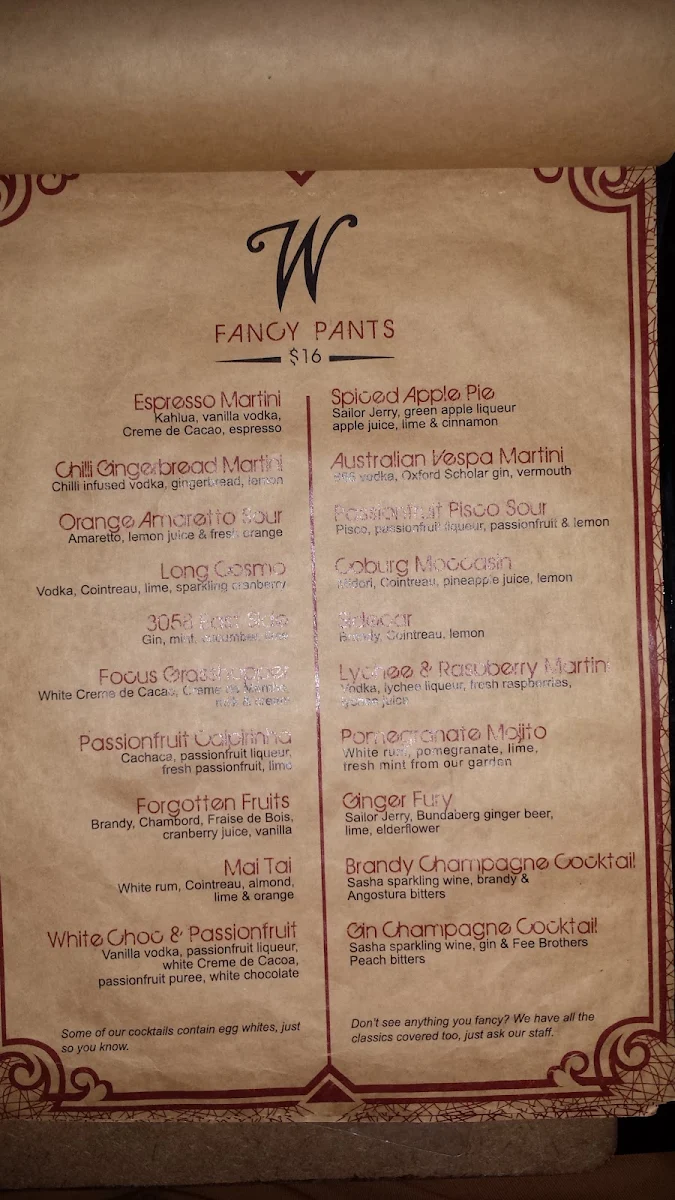 Menu, The Woodlands Hotel