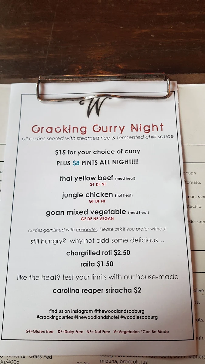 Menu, The Woodlands Hotel