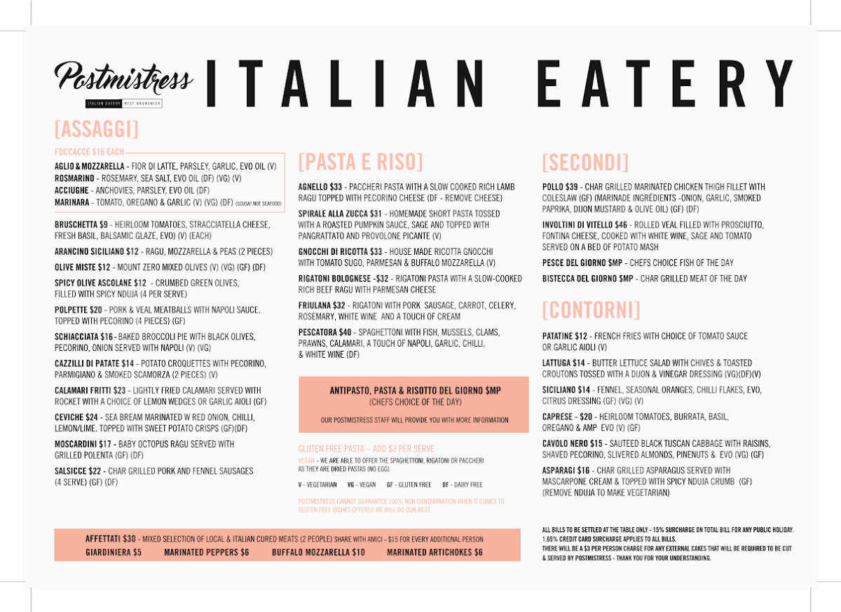Menu, Postmistress Eatery
