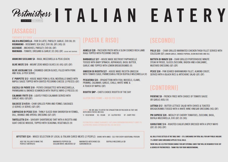Menu, Postmistress Eatery