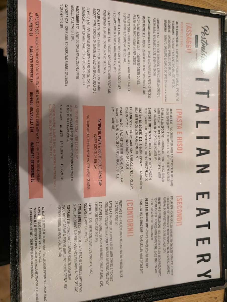 Menu, Postmistress Eatery