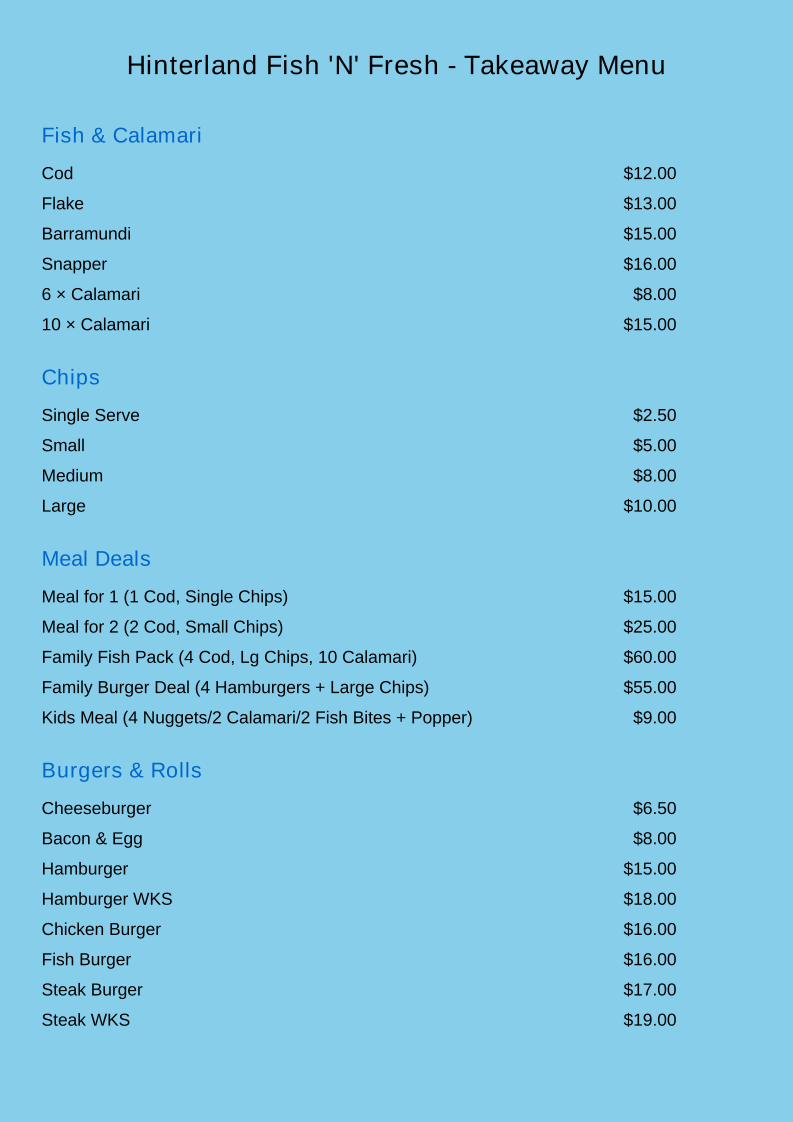Menu, Hinterland Fish & Fresh