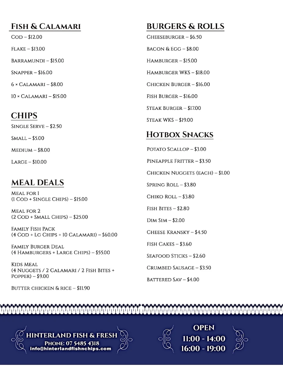Menu, Hinterland Fish & Fresh