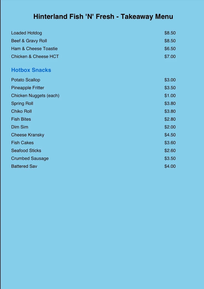 Menu, Hinterland Fish & Fresh