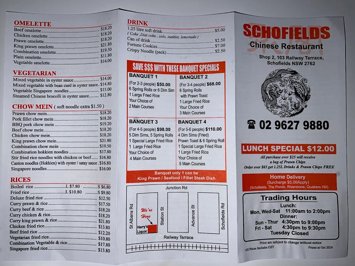 Menu, Schofields Chinese Restaurant