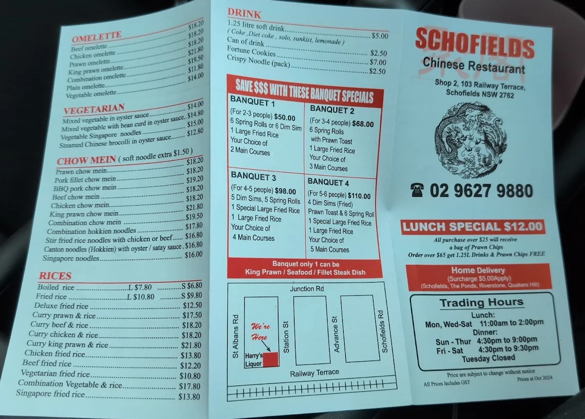 Menu, Schofields Chinese Restaurant
