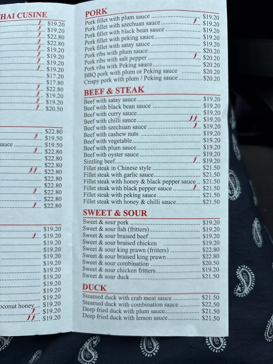 Menu, Schofields Chinese Restaurant